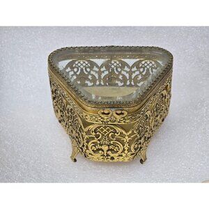 Vintage Gold Ormolu Filigree Triangular Jewelry Casket Glass Lid Velvet Interior
